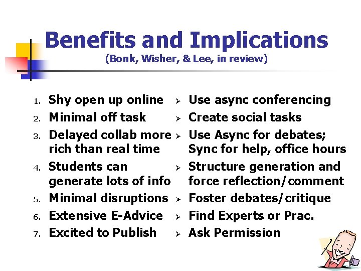Benefits and Implications (Bonk, Wisher, & Lee, in review) 1. 2. 3. 4. 5.