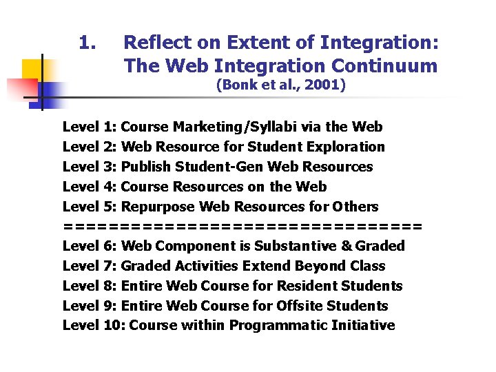 1. Reflect on Extent of Integration: The Web Integration Continuum (Bonk et al. ,