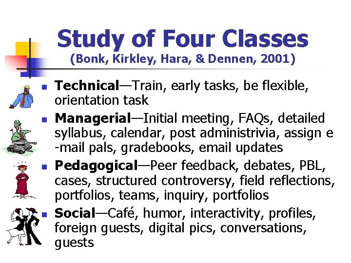 Study of Four Classes (Bonk, Kirkley, Hara, & Dennen, 2001) n n Technical—Train, early