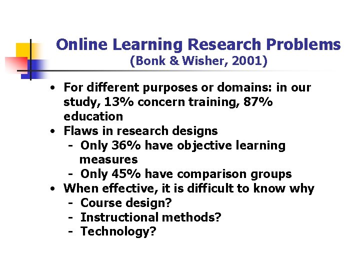 Online Learning Research Problems (Bonk & Wisher, 2001) • For different purposes or domains: