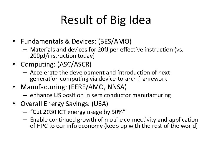 Result of Big Idea • Fundamentals & Devices: (BES/AMO) – Materials and devices for