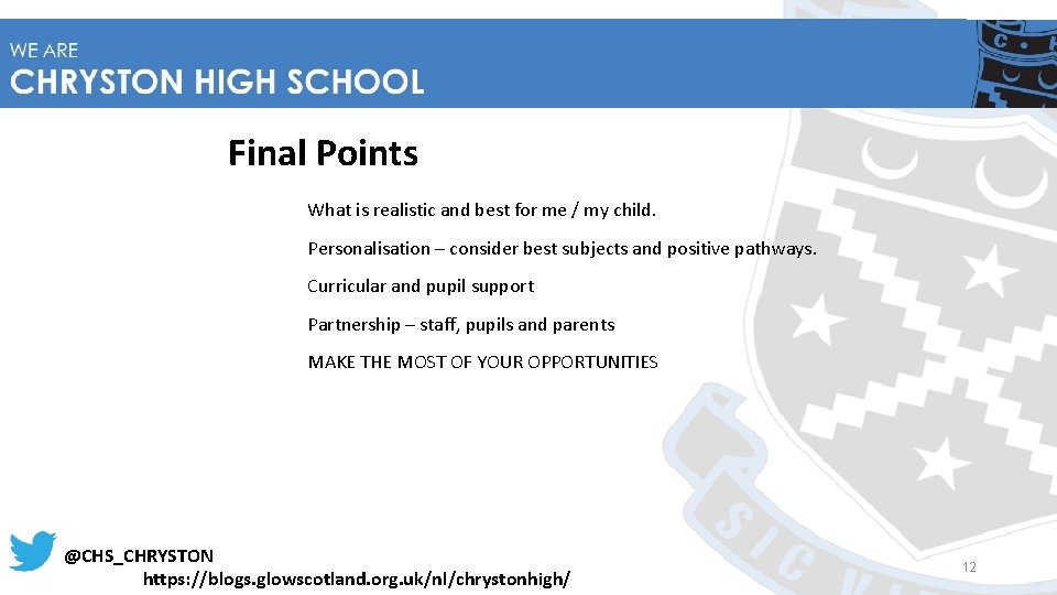 Final Points What is realistic and best for me / my child. Personalisation –