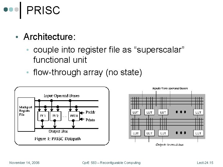 PRISC • Architecture: • couple into register file as “superscalar” functional unit • flow-through