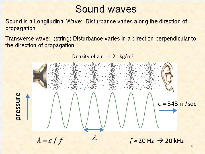 Sound waves Sound is a Longitudinal Wave: Disturbance varies along the direction of propagation.