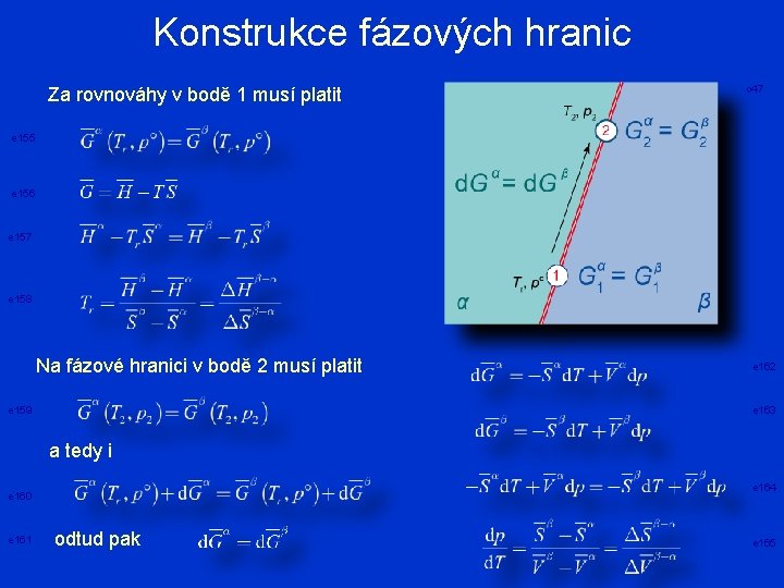 Konstrukce fázových hranic Za rovnováhy v bodě 1 musí platit o 47 e 155