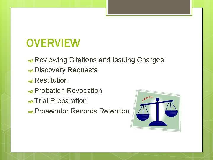 OVERVIEW Reviewing Citations and Issuing Charges Discovery Requests Restitution Probation Revocation Trial Preparation Prosecutor