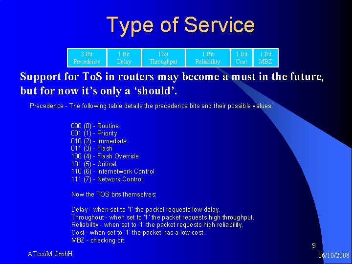 Type of Service 3 Bit Precedence 1 Bit Delay 1 Bit Throughput 1 Bit