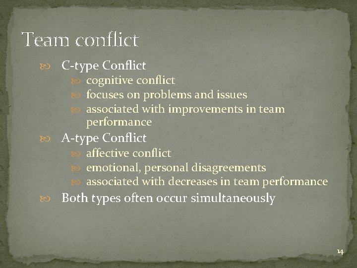 Team conflict C-type Conflict cognitive conflict focuses on problems and issues associated with improvements