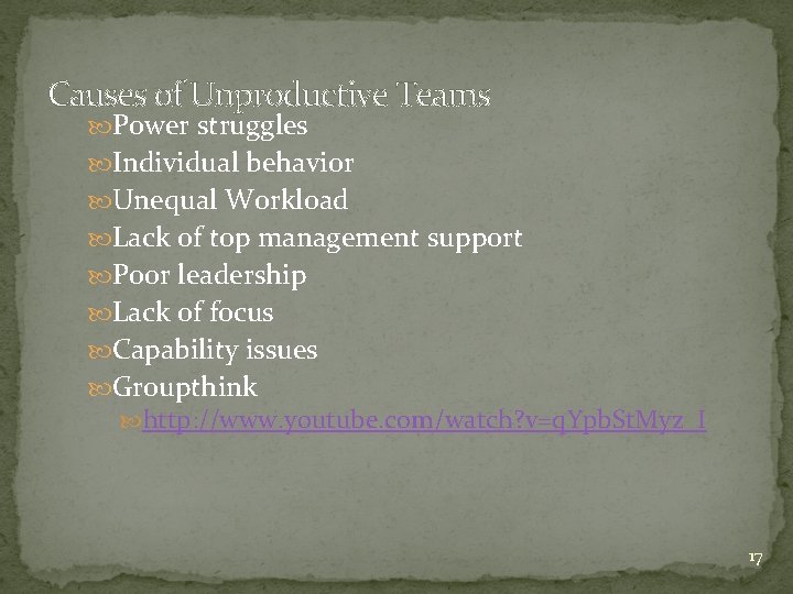 Causes of Unproductive Teams Power struggles Individual behavior Unequal Workload Lack of top management