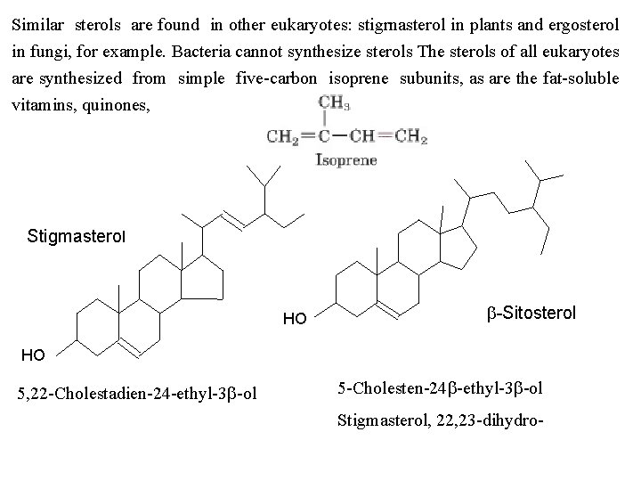 Similar sterols are found in other eukaryotes: stigrnasterol in plants and ergosterol in fungi,