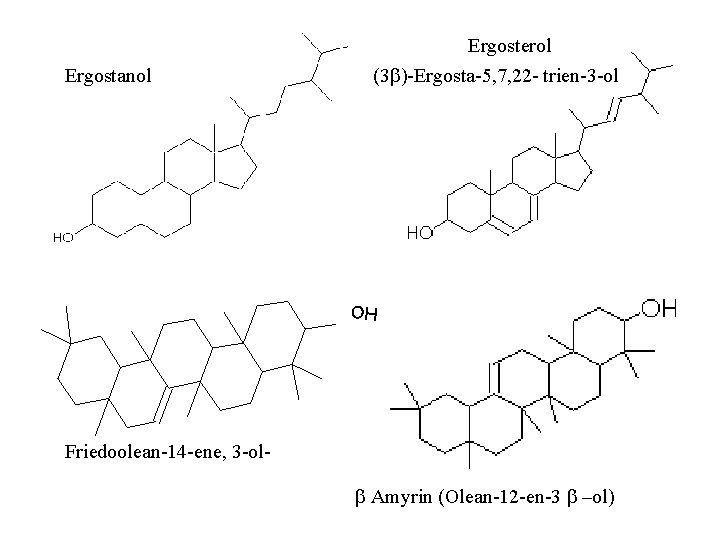Ergostanol Ergosterol (3 b) Ergosta 5, 7, 22 trien 3 ol OH Friedoolean 14