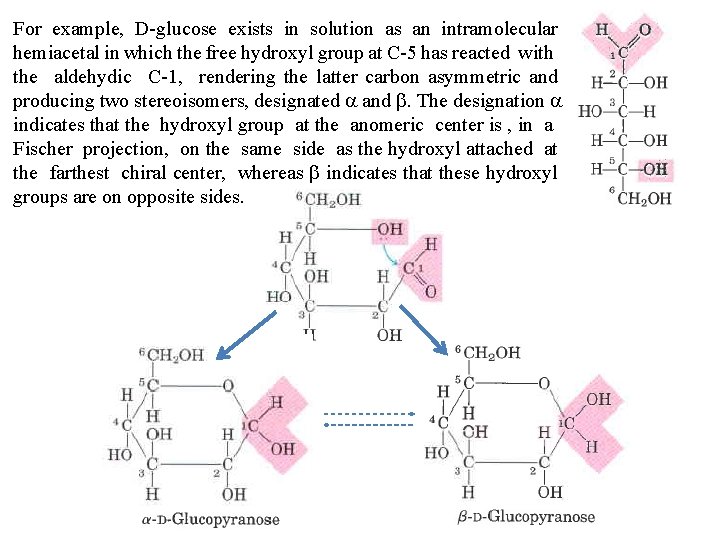 For example, D glucose exists in solution as an intramolecular hemiacetal in which the