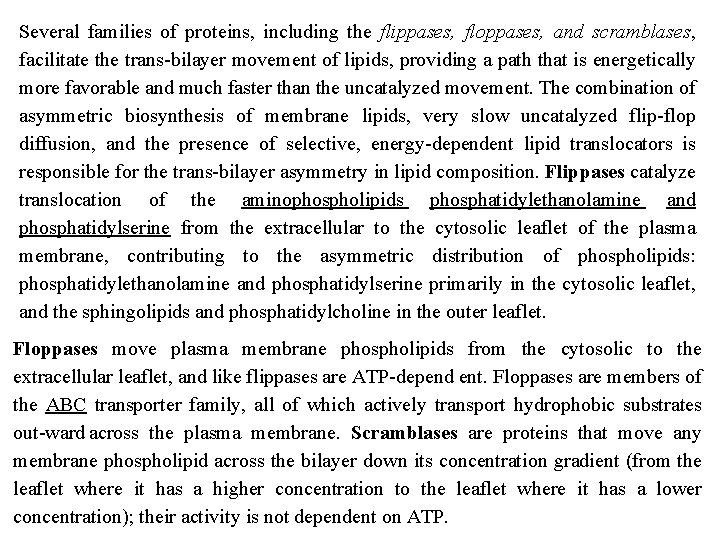 Several families of proteins, including the flippases, floppases, and scramblases, facilitate the trans bilayer