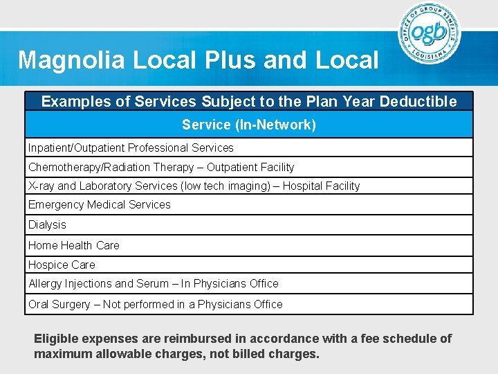 Magnolia Local Plus and Local Examples of Services Subject to the Plan Year Deductible