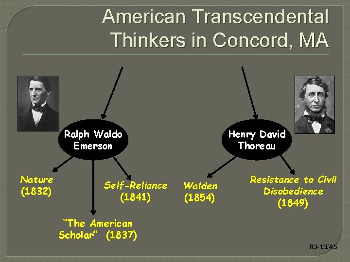 American Transcendental Thinkers in Concord, MA Ralph Waldo Emerson Nature (1832) Self-Reliance (1841) Henry