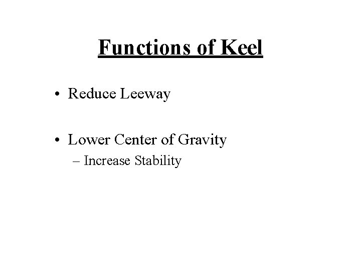 Functions of Keel • Reduce Leeway • Lower Center of Gravity – Increase Stability