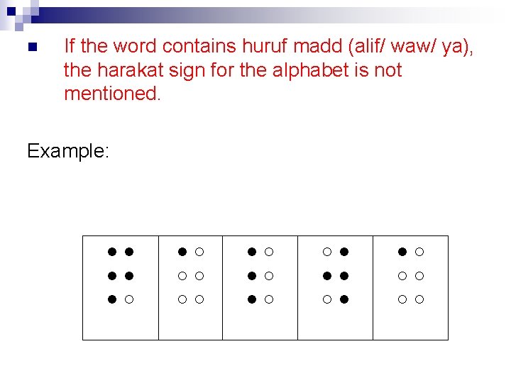 n If the word contains huruf madd (alif/ waw/ ya), the harakat sign for