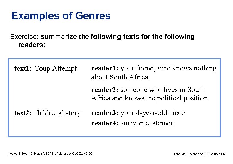 Examples of Genres Exercise: summarize the following texts for the following readers: text 1: