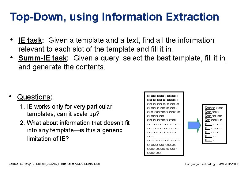 Top-Down, using Information Extraction • IE task: Given a template and a text, find