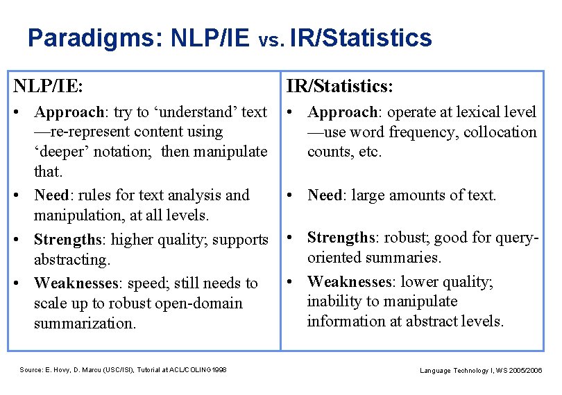 Paradigms: NLP/IE vs. IR/Statistics NLP/IE: IR/Statistics: • Approach: try to ‘understand’ text —re-represent content