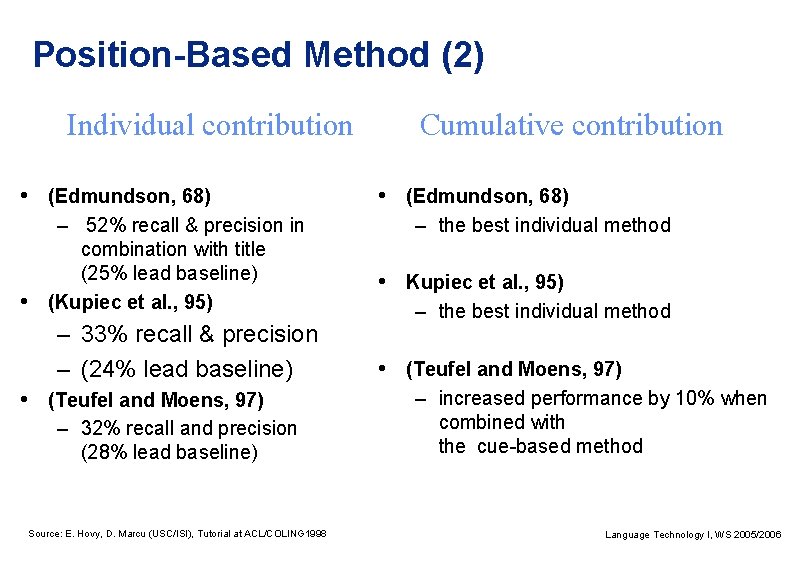 Position-Based Method (2) Individual contribution • (Edmundson, 68) – 52% recall & precision in