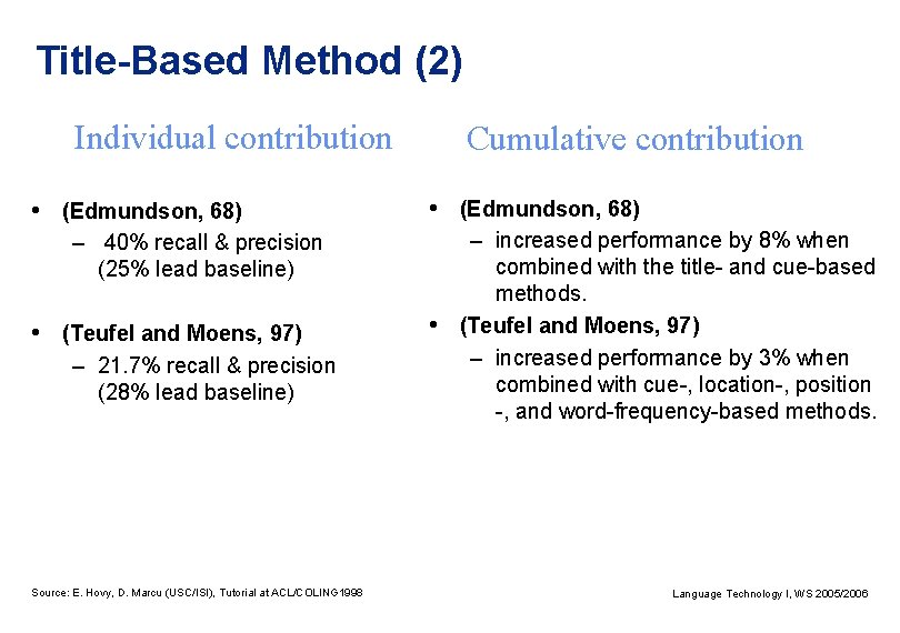 Title-Based Method (2) Individual contribution • (Edmundson, 68) – 40% recall & precision (25%