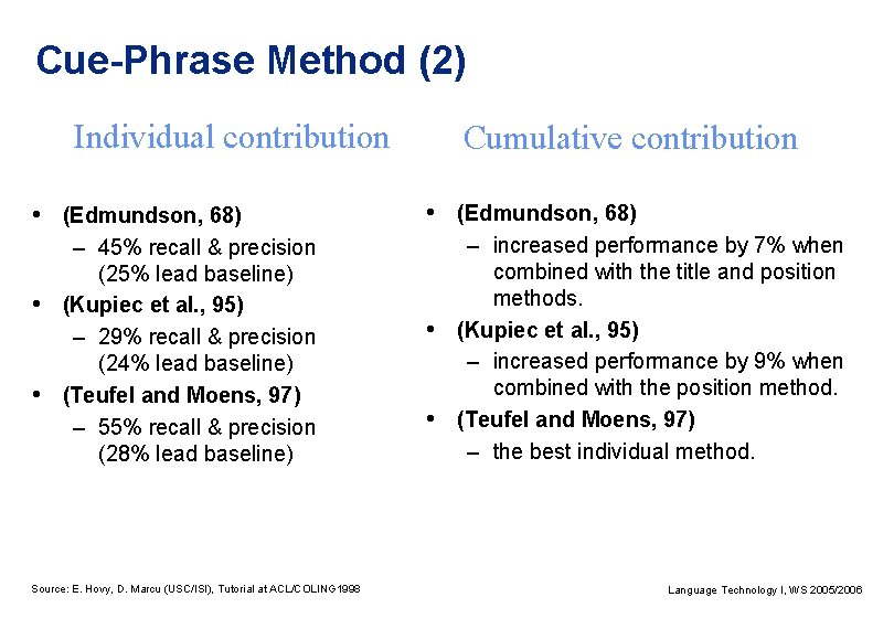 Cue-Phrase Method (2) Individual contribution Cumulative contribution • (Edmundson, 68) – 45% recall &