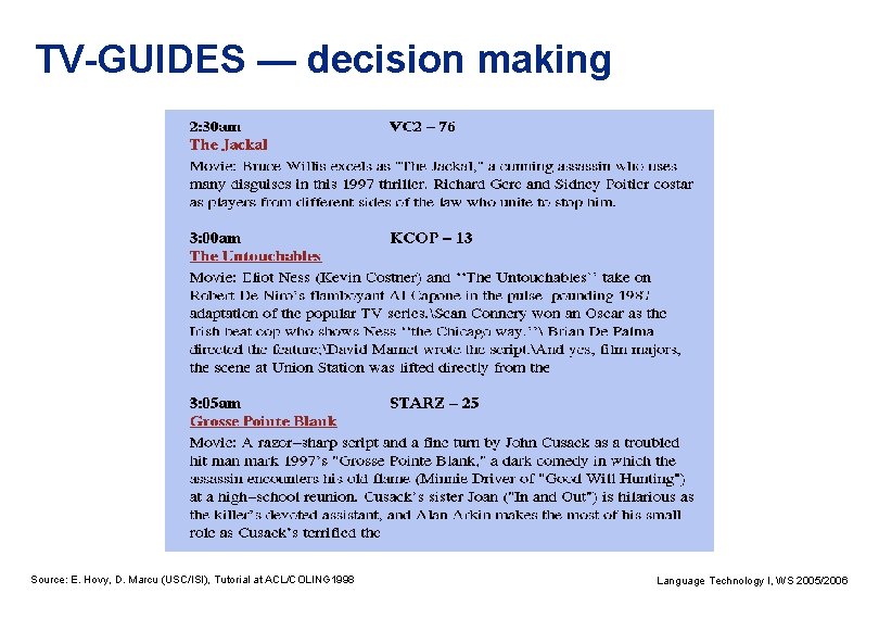 TV-GUIDES — decision making Source: E. Hovy, D. Marcu (USC/ISI), Tutorial at ACL/COLING 1998