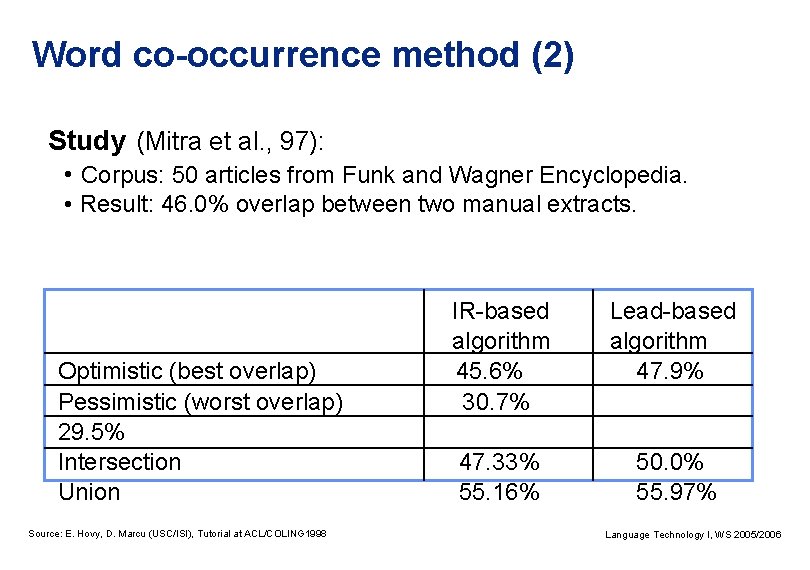 Word co-occurrence method (2) Study (Mitra et al. , 97): • Corpus: 50 articles