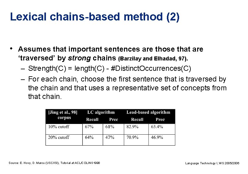 Lexical chains-based method (2) • Assumes that important sentences are those that are ‘traversed’