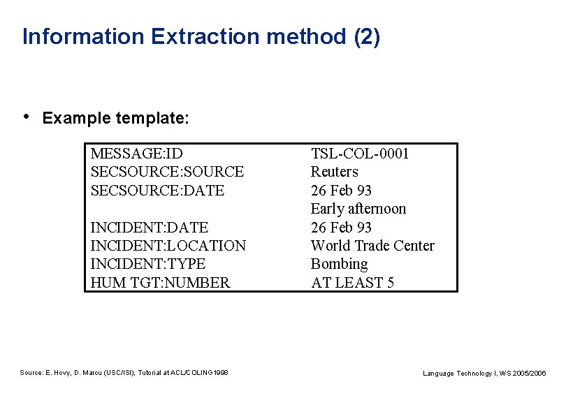 Information Extraction method (2) • Example template: MESSAGE: ID SECSOURCE: SOURCE SECSOURCE: DATE INCIDENT:
