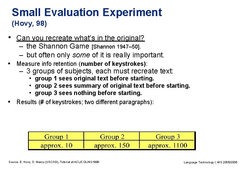 Small Evaluation Experiment (Hovy, 98) • Can you recreate what’s in the original? –