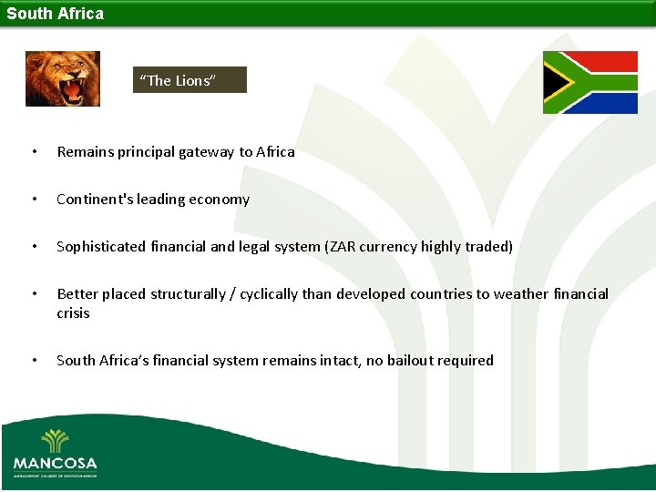 South Africa “The Lions” • Remains principal gateway to Africa • Continent's leading economy