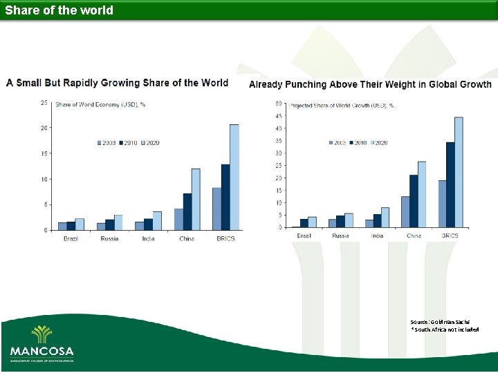 Share of the world Source: Goldman Sachs * South Africa not included 