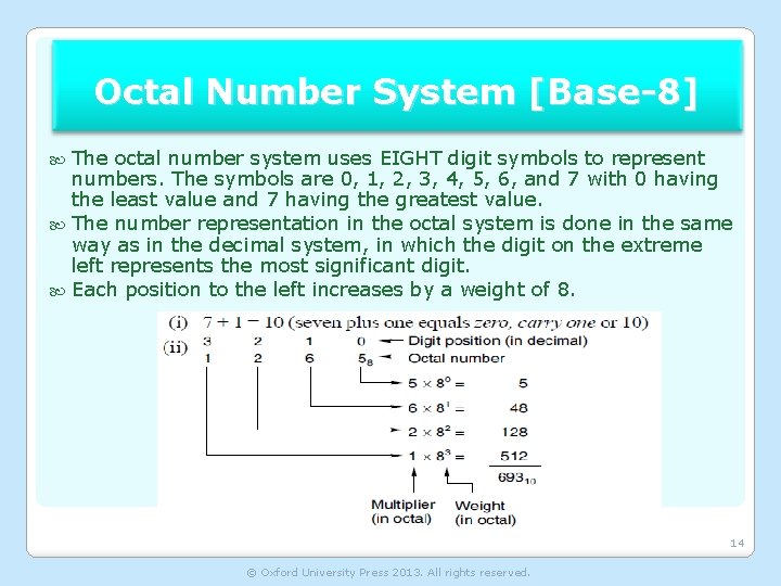 Octal Number System [Base-8] The octal number system uses EIGHT digit symbols to represent