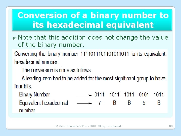 Conversion of a binary number to its hexadecimal equivalent Note that this addition does