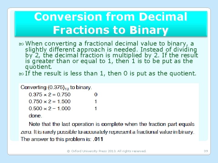 Conversion from Decimal Fractions to Binary When converting a fractional decimal value to binary,