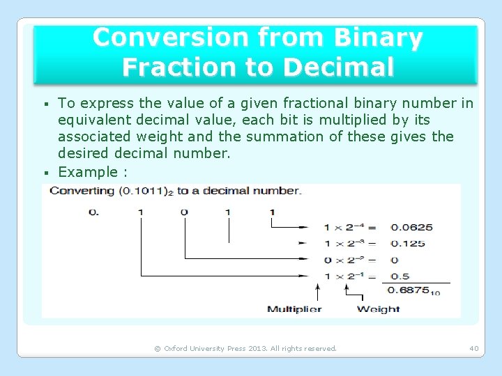 Conversion from Binary Fraction to Decimal To express the value of a given fractional