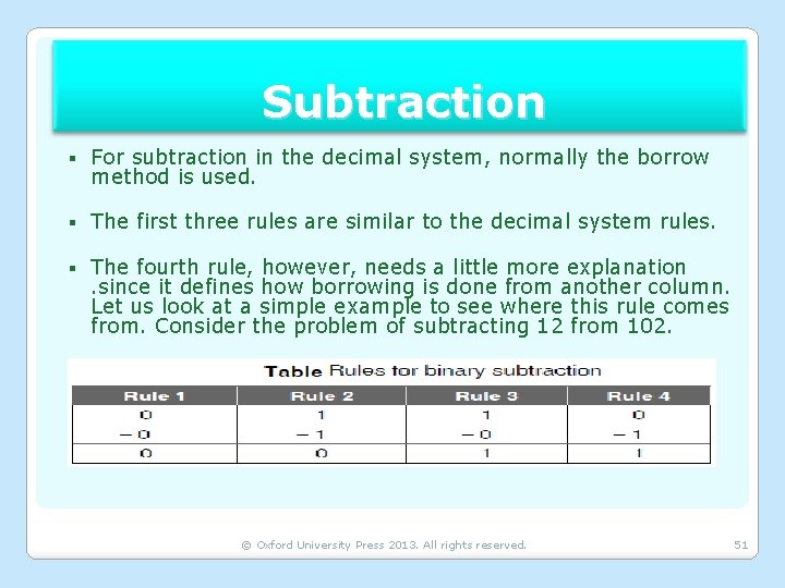 Subtraction § For subtraction in the decimal system, normally the borrow method is used.