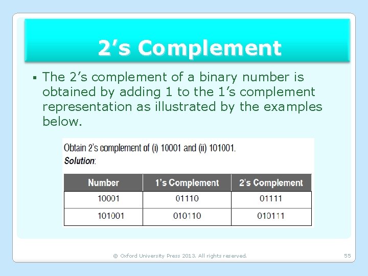 2’s Complement § The 2’s complement of a binary number is obtained by adding