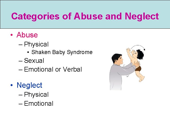 Categories of Abuse and Neglect • Abuse – Physical • Shaken Baby Syndrome –