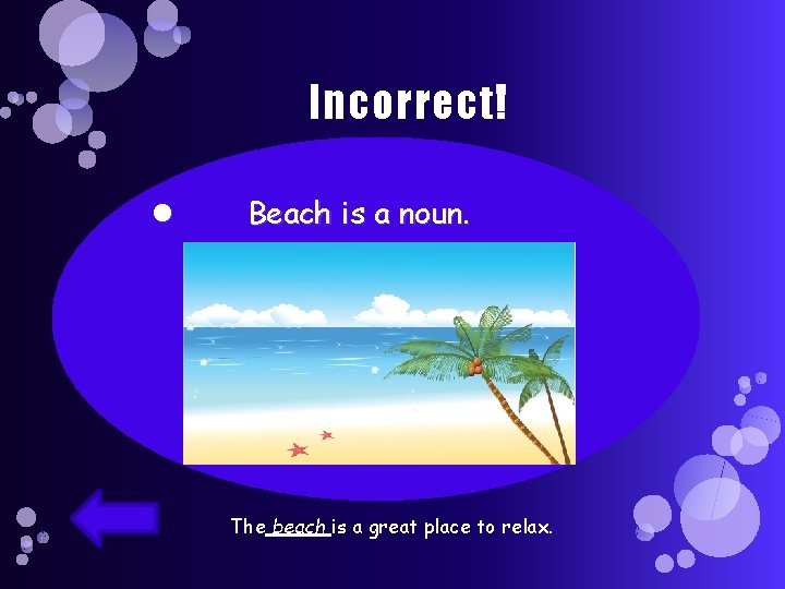 Incorrect! Beach is a noun. The beach is a great place to relax. 