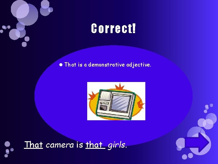 Correct! That is a demonstrative adjective. That camera is that girls. 