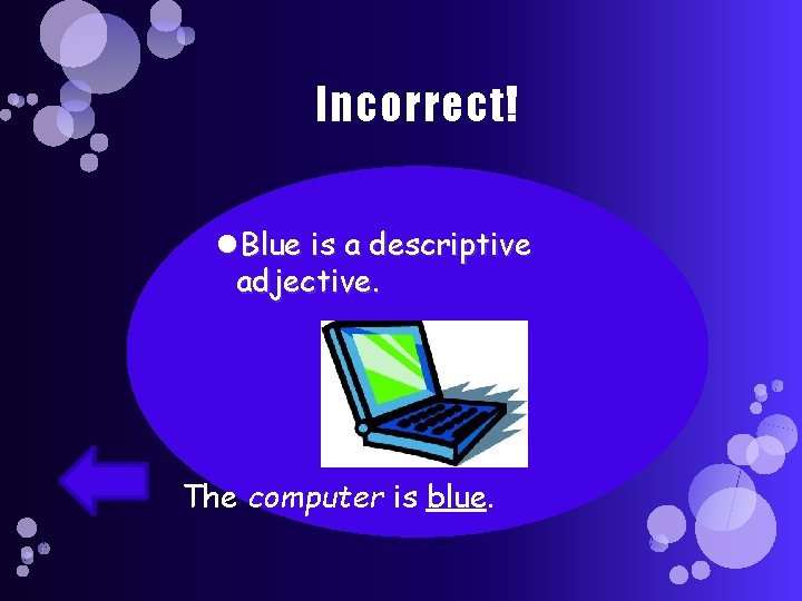 Incorrect! Blue is a descriptive adjective. The computer is blue. 