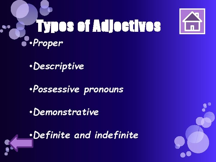 Types of Adjectives • Proper • Descriptive • Possessive pronouns • Demonstrative • Definite