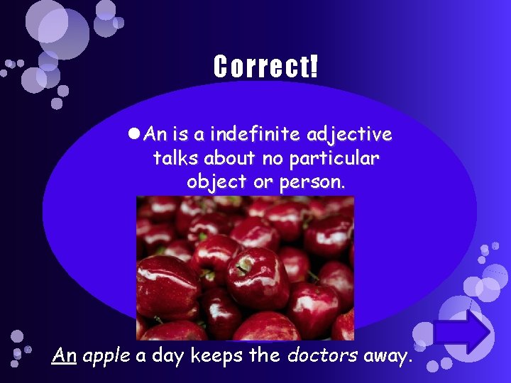 Correct! An is a indefinite adjective talks about no particular object or person. An