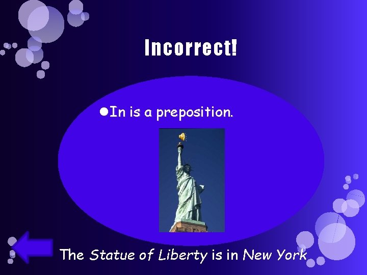 Incorrect! In is a preposition. The Statue of Liberty is in New York 