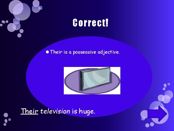 Correct! Their is a possessive adjective. Their television is huge. 