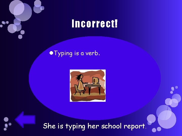 Incorrect! Typing is a verb. She is typing her school report. 