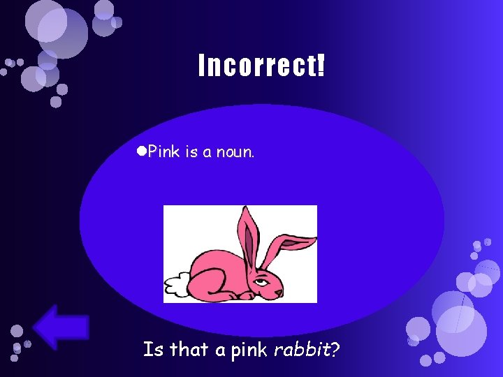 Incorrect! Pink is a noun. Is that a pink rabbit? 